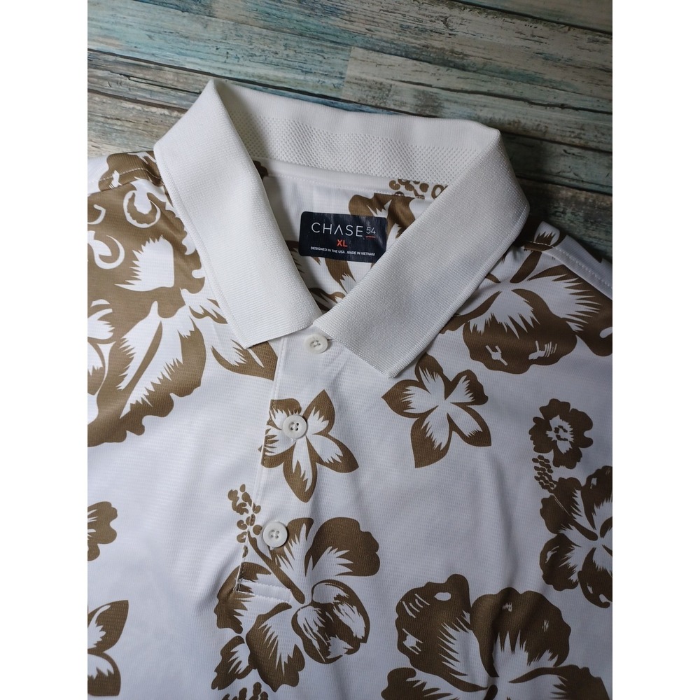 Chase54 Mens XL White Short Sleeve Floral Print Hawaiian Polo